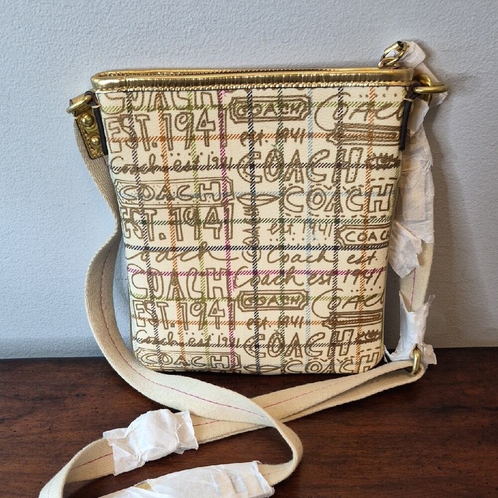 Coach Gold Tattersall With Script Logo Crossbody Bag in Cream and Gold Accents - Picture 2 of 16
